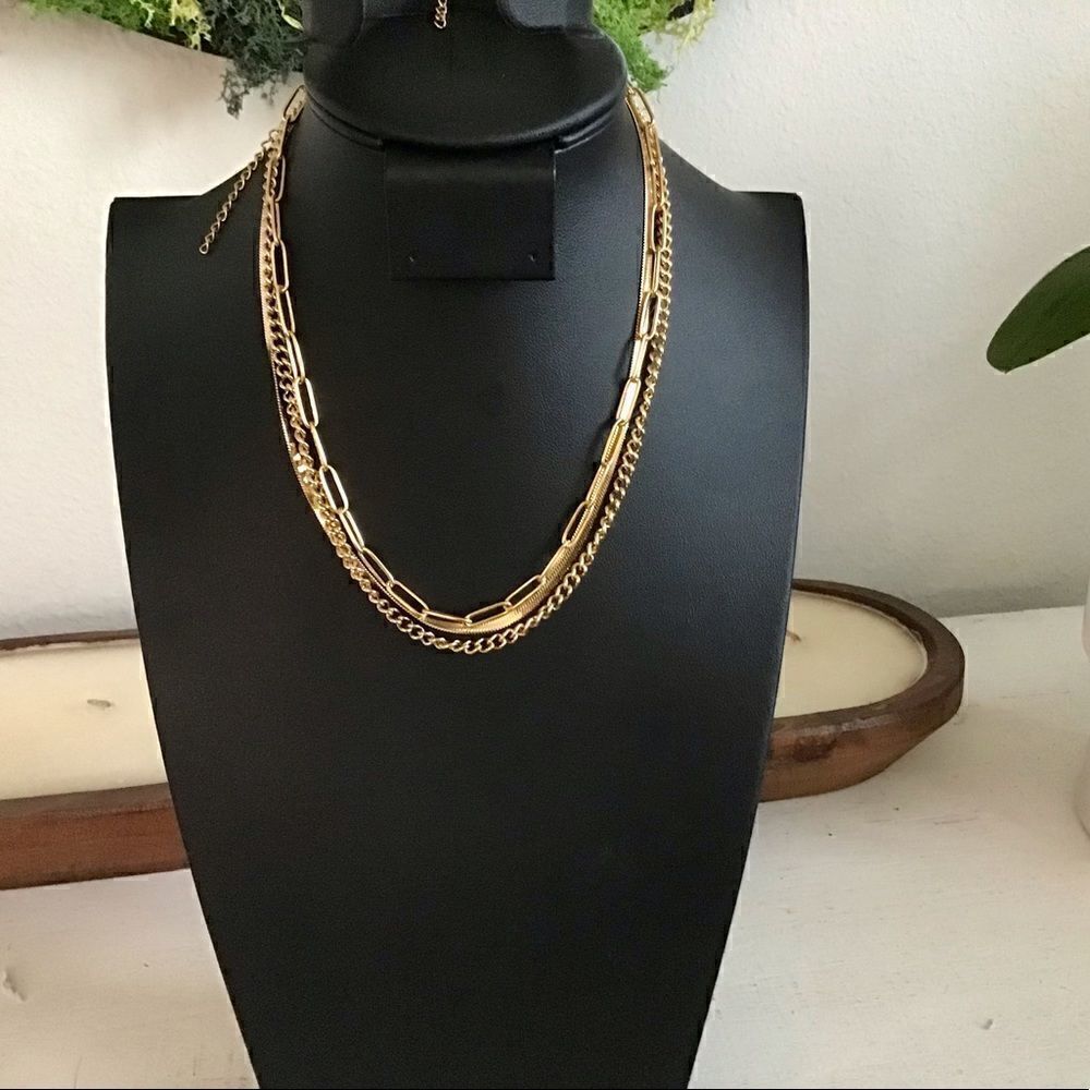 Curb Chain,Paper Clip Chain,Herringbone Chain Gold Necklace Set NWT